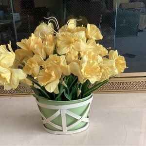 Faux Yellow Daffodils in White Metal Basket by Valerie Parr Hill